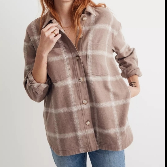 Madewell Kentwood Shirt Jacket Shacket Windowpane Flannel Tan Cream M - Picture 2 of 12